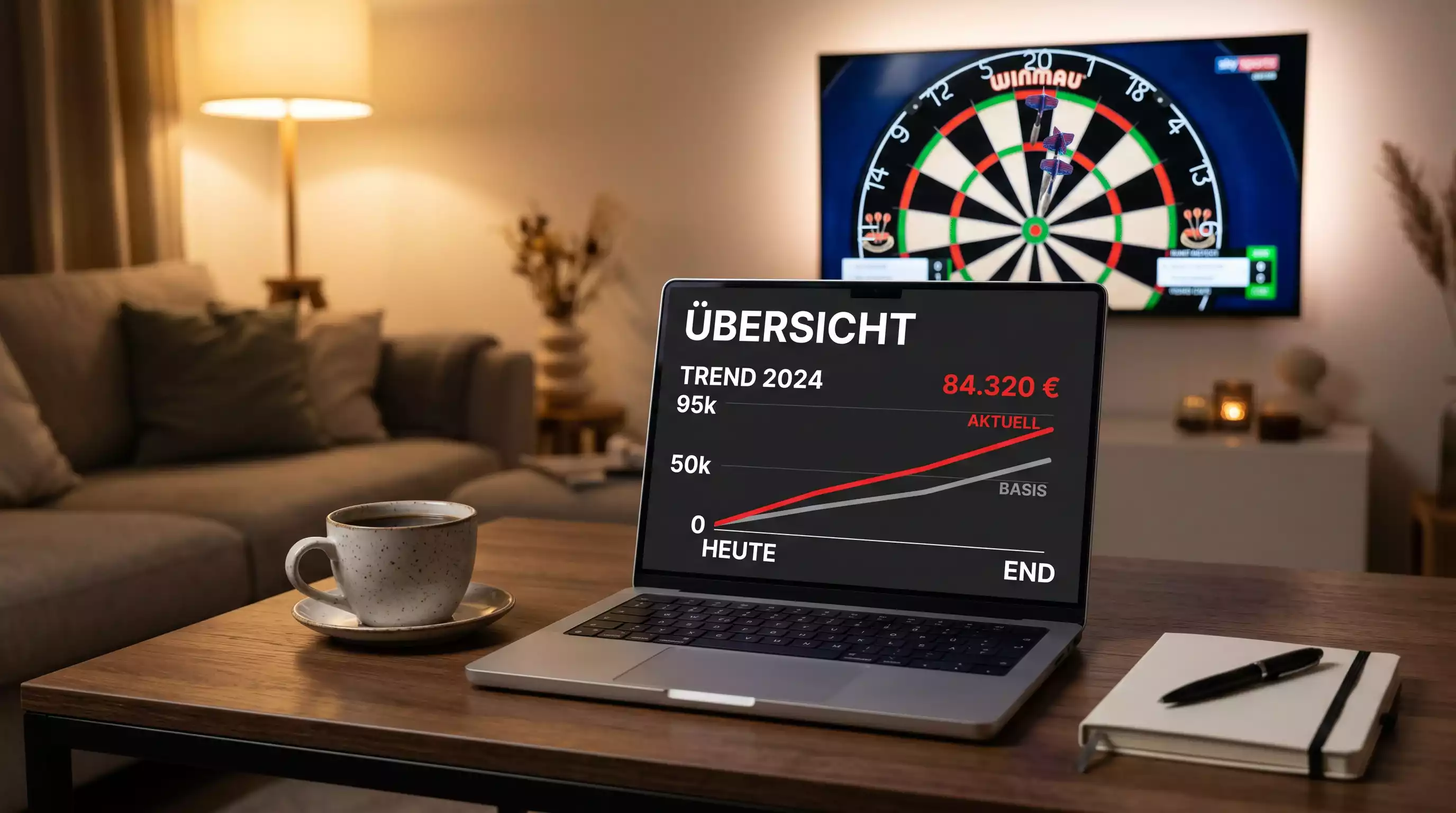 Laptop mit Live-Quotenverlauf und Darts-Statistiken während eines WM-Matches