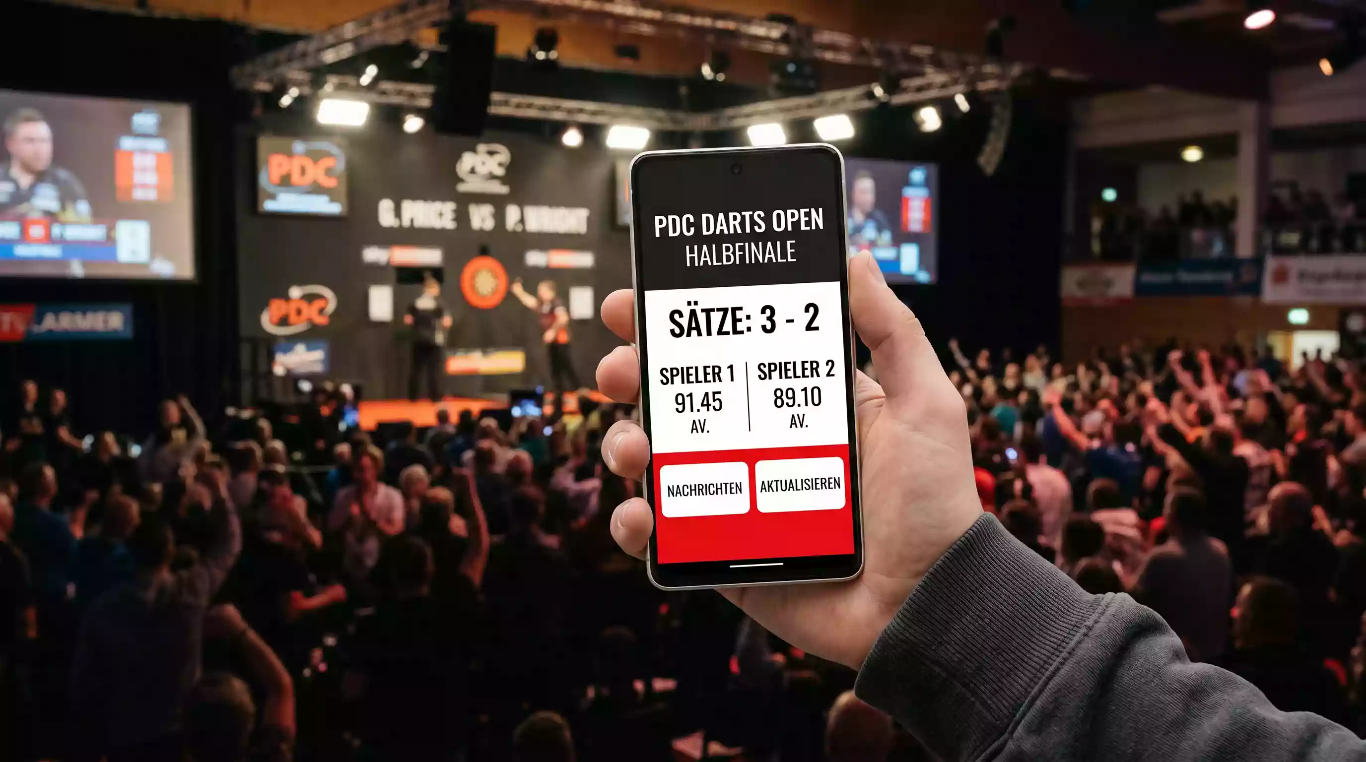 Smartphone mit Darts-Livewetten-Oberfläche vor dem Hintergrund eines beleuchteten Darts-Events