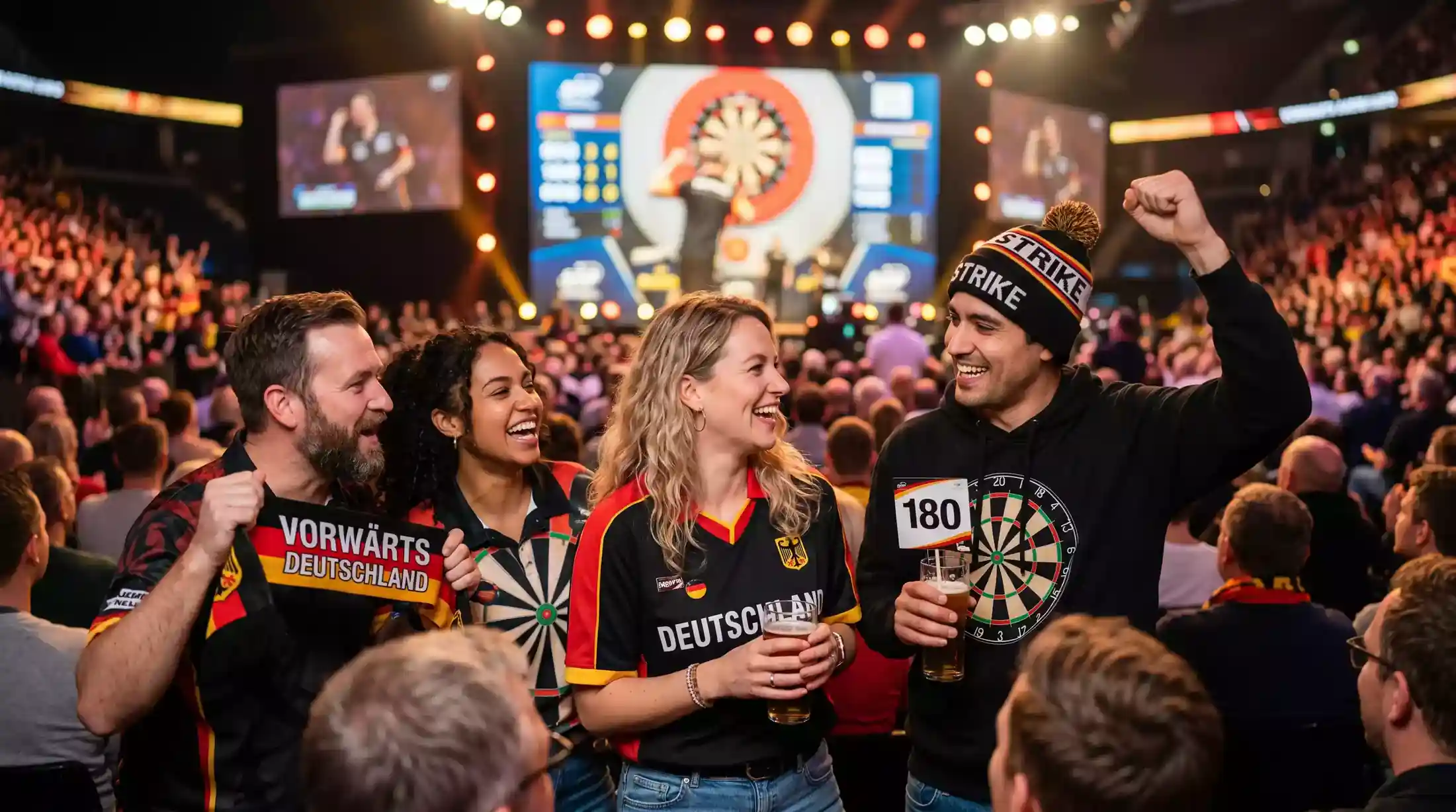 Kostümierte Darts-WM-Zuschauer im Alexandra Palace feiern mit erhobenen Armen