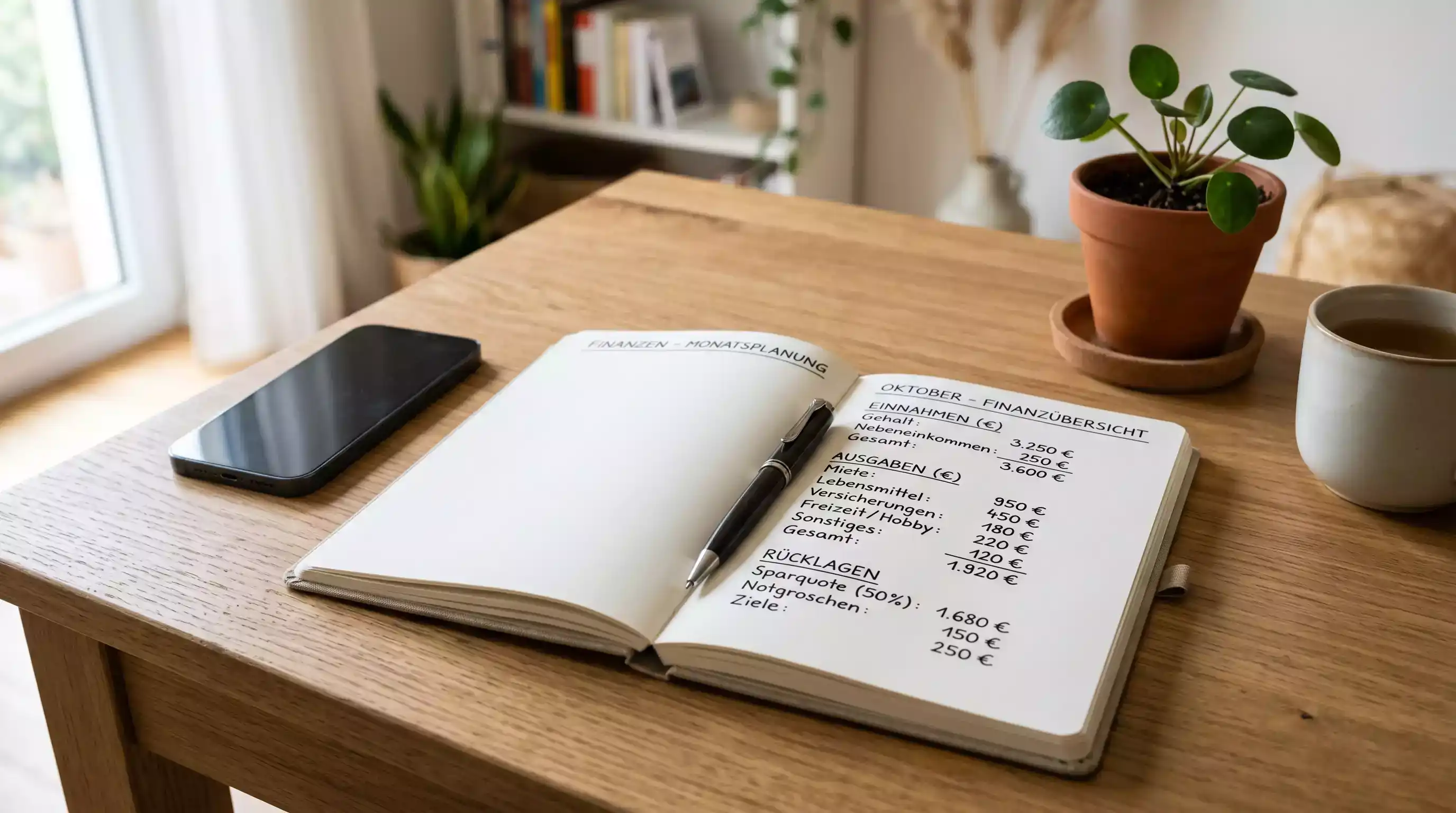 Notizbuch mit Budget-Plan und Stift neben einem Smartphone mit Darts-Wetten-App